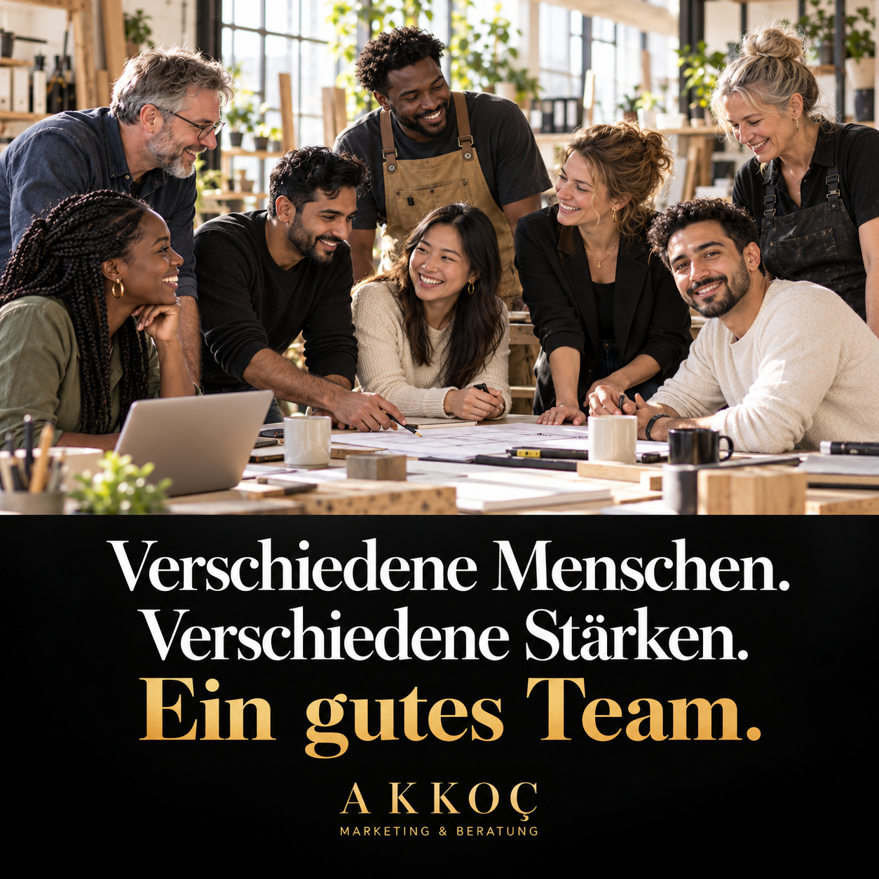 Internationales Team aus Handwerk und Büro arbeitet gemeinsam an einem Tisch