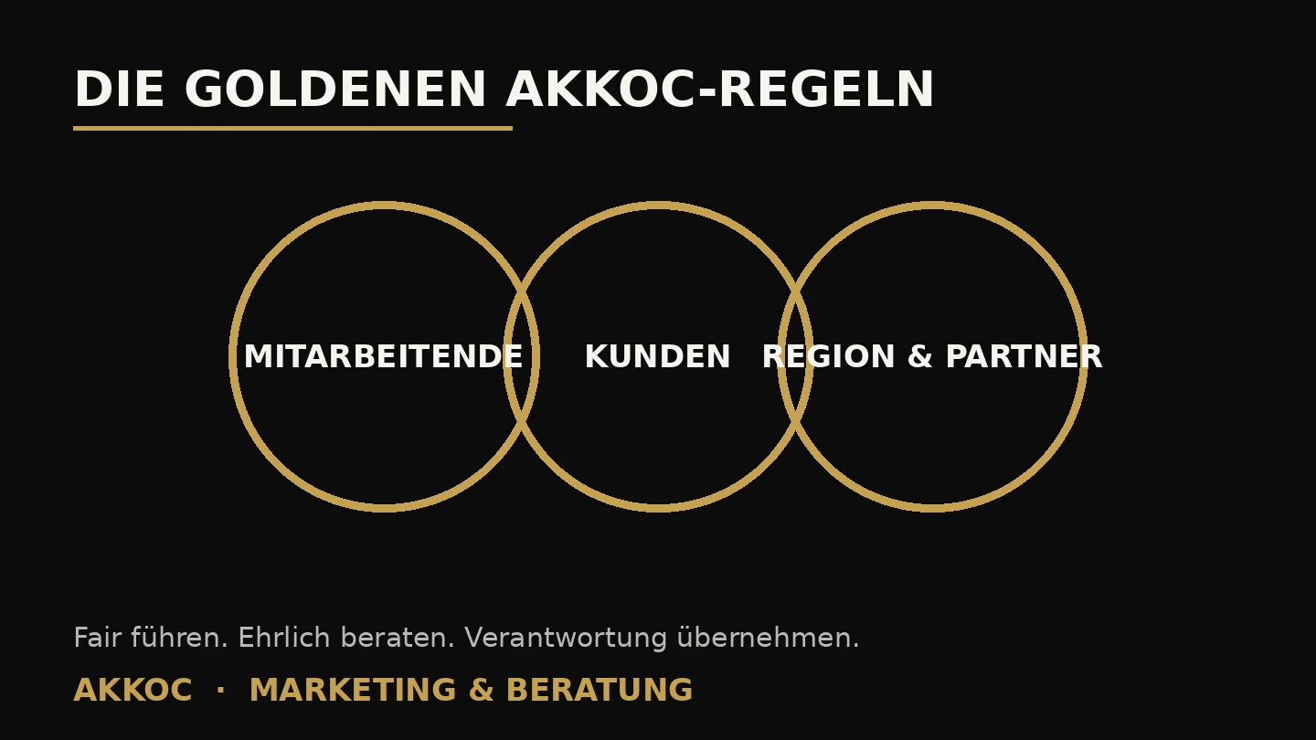 Drei miteinander verbundene goldene Kreise für faire Mitarbeitendenführung, ehrliche Kundenberatung und verantwortungsvolle Zusammenarbeit in der Region